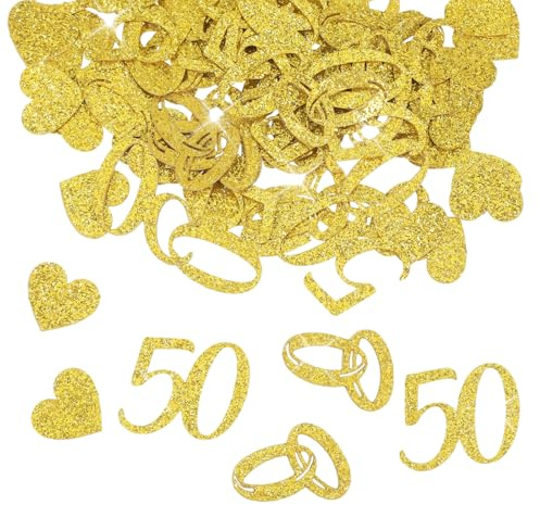 Decorazione da tavolo per le Nozze d'Oro - 200 decorazioni nuziali sparse, coriandoli scintillanti con anello, numero 50 e motivo a cuore. Ideale come regalo per il 50° anniversario di nozze d'oro