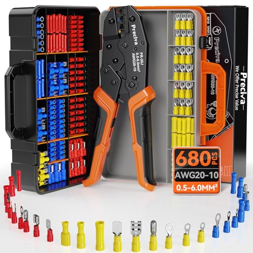 Preciva Crimpzange Set, Kabelschuhzange mit Ratschenmechanik + 680 farbcodierte Kabelverbinder (0,5-6mm²) – Komplettset für Auto, Elektroinstallation & Heimwerker