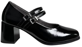 PITILLOS - Mercedita Tipo Mary Jane,Tira con Cierre de Hebilla Doble,Bailarina de Piel,Charol,con Brillo,tacón para: Mujer Color: Negro Talla:38