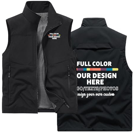 WUWWUT Gilet utilitaire avec logo personnalisé pour homme, gilet de pêche multipoches personnalisé, veste sans manches respirante pour la randonnée, le camping, Noir , M