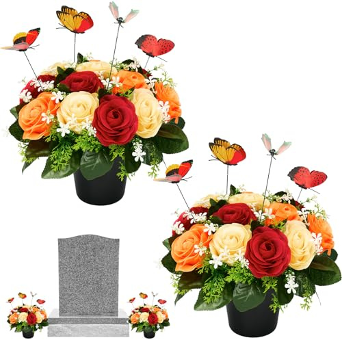Vaso di fiori artificiali per tomba, rose rosse e gialle, cimitero, con ornamenti a farfalla, per decorazioni esterne, bouquet funebre autunnale in vaso per giardino, tomba, cimiteri