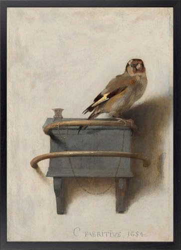 Fine Artic Cuadro El jilguero de Carel Fabritius - Poster de Arte Barroco Holandés con Marco Negro - Arte mural de Naturaleza decoración Clásica y Elegante - Cuadros de Pájaros