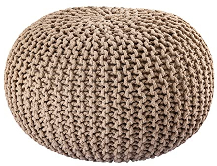 Abato Strickhocker Pouf Ø45x30 cm – 5 Jahre GARANTIE GEGEN DURCHWETZEN – handgefertigt, fairer Handel, deutsche Qualitätskontrolle, Sitzhocker & Fußablage Grobstrick – 5 Zeitlose Top Farben (beige)