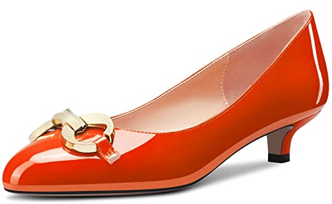 HEUIVZAR Femmes Escarpins Rond Bout Kitten Bas Talon Heel Slip-on Vernis Dress Chaussures Vacances Cute Shopping Orange 3.5 CM 38 EU