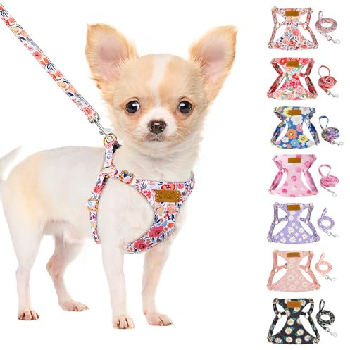 SlowTon Hundegeschirr mit Leine, No-Pull leichtes weiches Wildleder-Welpengeschirr mit Blumenmuster und Schnappschnalle, verstellbares Geschirr Hund für kleine und mittelgroße Hunde(Blumen, S)