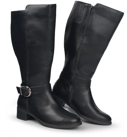 Hawkwell Women's Extra Wide Calf Pull On Side Zipper Knee High Boots, Black PU, 6 M US