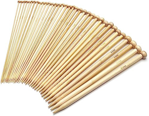 Bamboo Knitting Needles Set for Beginners & Adults - 9-Inch Single Point, 18 Pairs Straight Wooden Needles UK Size 2-10 (2.0-10.0mm), Ideal for Sweaters, Socks & Gloves