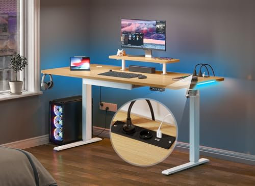 YITAHOME Höhenverstellbarer Schreibtisch 160x75 cm Höhenverstellbar Elektrisch mit 2 USB Ladeanschluss, 2 Buchse Mobiler Elektrisch Computertisch mit LED-Lichtleiste Tastaturablage Standing Desk