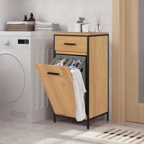 EUGAD Badezimmerschrank mit faltbarem Wäschesack, Wäscheschrank Wäschesammler Wäschekorb mit Schublade, Badschrank Badmöbel mit Metallrahmen, helle Eiche + Schwarz, 38x80x34 cm