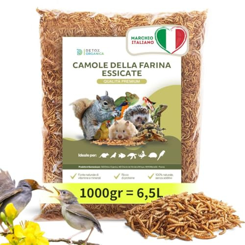 Detox Organica Camole della Farina Essiccate, 1000g = 6.5 L - Podotto Germania, Qualità Premium, 100% Naturale | Tarme della Farina -Mangime Uccelli Selvatici, Pesci, Tartarughe, Roditori, Rettili