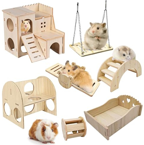 LEKEFETO Criceto giocattolo in legno: 7 pezzi fai da te, giocattoli per criceti, accessori per porcellini d'India, topolino da corsa, cincillà