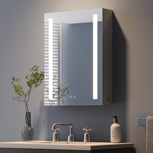 Dripex Spiegelschrank Bad mit Beleuchtung, LED Badezimmerschrank mit Spiegel, Beschlagfrei, 3 Lichtfarbe Einstellbar, Dimmbar, Steckdose und Glasablage, Linkstürig 45 x 60 cm Grau Verbesserte Version
