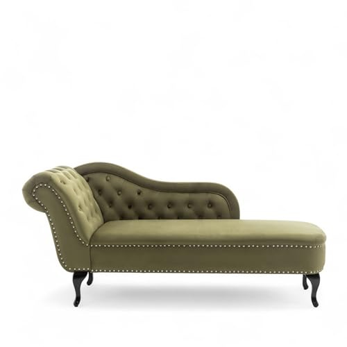 Luxury Antique Tufted Chesterfield Sage Green Velvet Indoor Chaise Lounge Chair with Arm – Retro Lounger with Deep Buttons, Curved Black Wood Legs & Studs for Bedroom Living Room Office, Right Hand