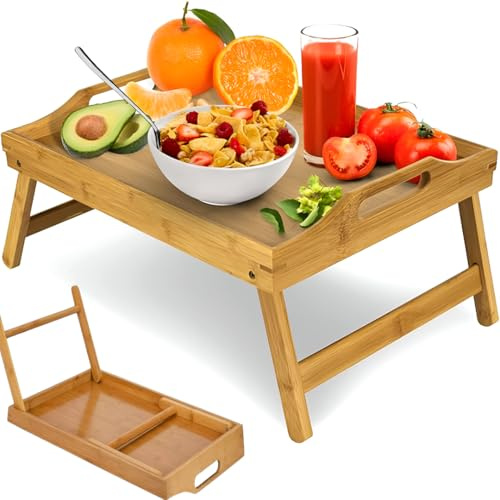Premium Bamboo Bed Tray Table with Foldable Legs & Handles – Multipurpose Breakfast in Bed Tray, Lap Desk for Sofa, Eating, Laptop, Serving & Snack Table – Natural Wooden Finish (Wood)