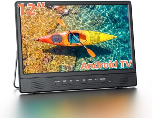 Desobry 12 Inch Portable Smart TV with Android System, Mini Kitchen TV with HDMI USB AV Headphone, DVB-T2 Freeview Compatible, 180° Adjustable Stand, Small TV for Caravan Campervan Motorhome Bedroom