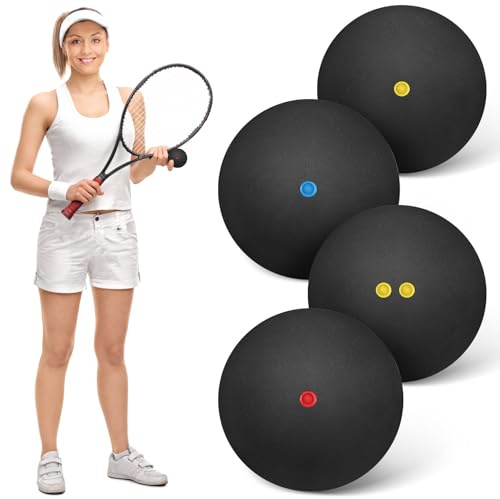 Homoyoyo Balles de Squash D'entraînement Haute Élasticité, Lot de 4 Petites Balles en Caoutchouc Points Jaune, Bleu, Rouge et Double Jaune, Adaptées pour Pratique Sportive en Intérieur