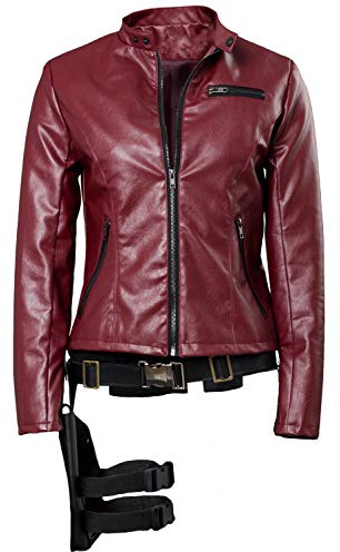 cultofmoon Claire Veste de cosplay pour femme en cuir synthétique rouge avec ceinture Holster Veste de motard Jeu RE Halloween Carnaval Costume, rouge, L