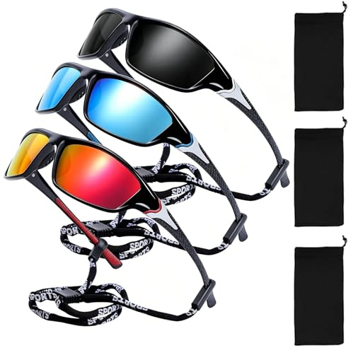 Wrap Around Sunglasses, Sports Sunglasses for Men, Cycling Glasses with Polarised Lenses, Running Glasses, Three Sets with Storage Bags and Neck Cords, Durable Frame Design for Outdoor Activities