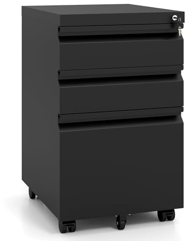 COSTWAY 2/3-Drawers Mobile File Cabinet, Rolling Metal Filing Cabinet with 5 Casters and 2 Keys, Under-Desk Office Organizer Printer Stand for A4, Letter & Files (Black, 37 x 44 x 60.5cm, 3)