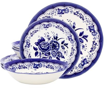 Tudor - Juego de vajilla de porcelana de de 12 piezas, servicio para 4 personas, color azul Victoria; ver 10 diseños en el interior