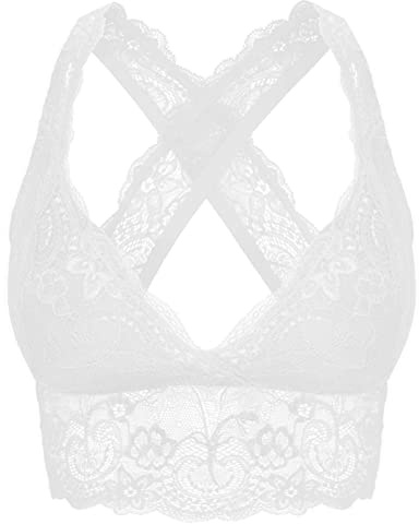 SHEKINI Women's Lace Bra Wire Free Padded Cross-Back Longline Pullover Racerback Bralette Top
