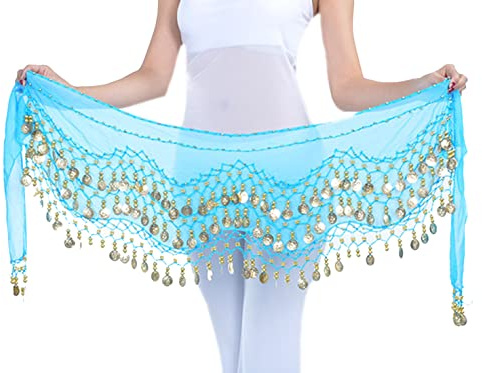 Lauthen.S 128 Coins Belly Dance Hip Scarf Tribal Belt Halloween Genie Costume Accessory Blue