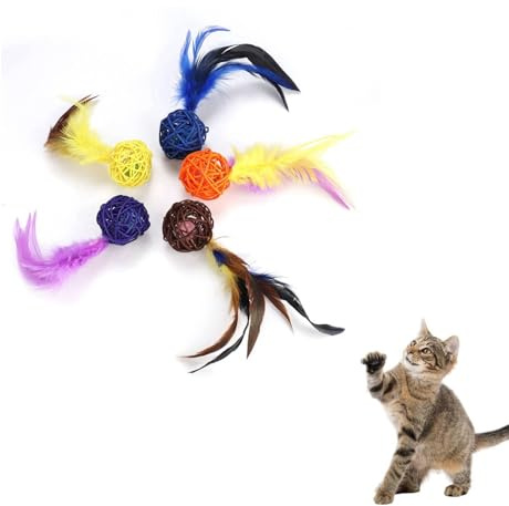 Ensemble de 5 jouets de jeu de chat, Jouet De Rotin Pour Chats,Jouet Chat Plume Jouets Interactif Coloré Pour Chat Jouets De Cloche Pour Chats Avec Anneau De Plumes pour l'intérieur Chats et Chatons