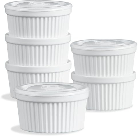 ONEMORE Ramekins with Lids, 8 oz Creme Brulee Souffle Dishes Oven Safe Ceramic Pudding Cups with Silicone Covers Stackable Custard Cups Set of 6 for Baking - White