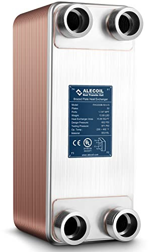 ALECOIL 5x12 50 Plates Heat Exchanger with 1-1/4 MPT Port Water to Water 316L Stainless Steel Brazed Plate Heat Exchanger for Water Heating, Floor Heating, Commercial and Industrial Refrigeration