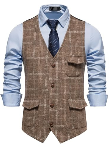 MakingDa Tartan Waistcoat Men Casual Formal Slim Fit 5 Button Check Suit Vest with Pockets Plaid Tweed Waist Coats for Wedding Party Business-Coffee-M
