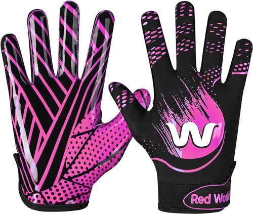 RED WORLD Football Gloves for Kids, Youth and Adult, Receiver Gloves for Boys and Girls, Men and Women, Enhanced Performance (Pink, Large)