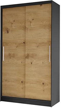 Mirjan24 Kleiderschrank Margite I mit Kleiderstange und 5 Fächer, Schlafzimmerschrank Flurschrank Garderobenschrank Dielenschrank Schwebetürenschrank (schwarz/Artisan Eiche)