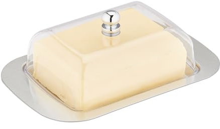 Relaxdays Boîte à Beurre de 250 g, avec Couvercle, Acier Inoxydable et Plastique, 7x18,5x12 cm, argenté et Transparent