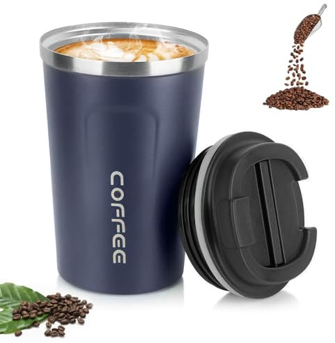 hzbaiyi Coffee Cup 380ml Vacuum Reusable Leakproof Double Wall Coffee Cup Stainless Steel Resuable Travel Mug Thermal Cup for Hot Coffee Tea and Cold Drinks(Dark Blue)