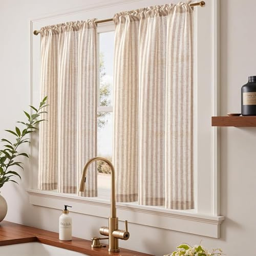 TOPICK Rideaux Cuisine Courts Brise Bise Lin pour Placard Chambre, Draperies 65 x 115(LxH)cm à Rayures Marron sur Beige, Rideaux à Passe Tringle Translucides Idéal pour Porte Petites Fenêtres Lot de 2