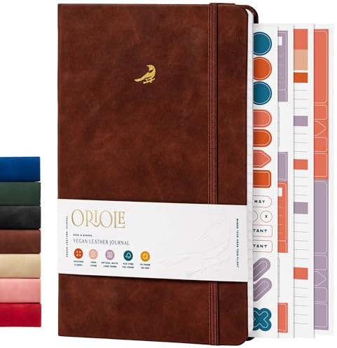 Oriole Vegan Leather Ruled Notebook - Chestnut Brown | 176 Pages of Thick Lined Paper | Soft Touch Hardcover Journal (13 x 21 cm) with Gold Foil Bird Design & Luxury Gift Box