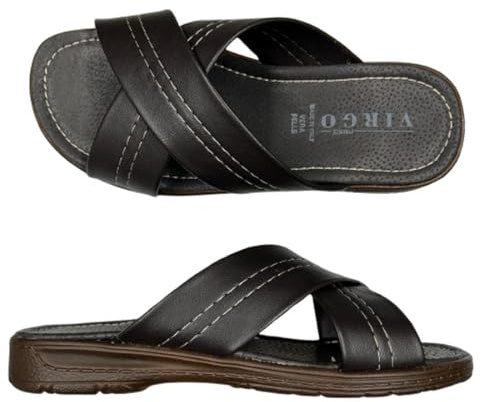 VIRGO FIRENZE Ciabatte Uomo Classiche Pantofole Aperte a Fasce Incrociate Made in Italy Plantare Vera Pelle, Moro, 43