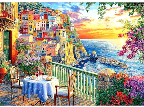 Italy Cinque Terre Jigsaw Puzzles for Adults 1000 Pieces Coastal Village Beautiful Landscape Scenery Sunset View with Letters on Back Hard Impossible Difficult challenging Family Puzzle (27.5x19.6)