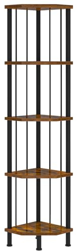HOOBRO Estantería Rinconera de 5 Niveles, Librería de 148 cm de Altura, Estantería Esquinera para Plantas Abierta, para Sala de Estar, Estudio, Dormitorio, Cocina, Marrón Rústico y Negro EBF93CJ01