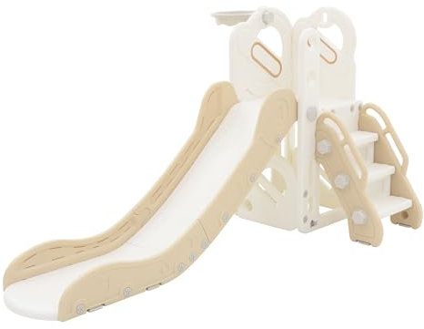 Joyz Kinderrutsche 3 in 1, Weiß-Beige, Kunststoff, Spielturm Set Indoor & Outdoor, Kinder Spielzeug mit Rutsche und Basketballkorb, ab 3 Jahren, Babyrutsche Gartenrutsche Kleinkinderrutsche Rutschbahn