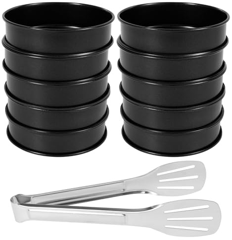 10 anillos de crumpet, antiadherentes para tartas, de acero inoxidable, para postres, 10 cm, para magdalenas inglesas con pinza de acero inoxidable, para cocinar muffins