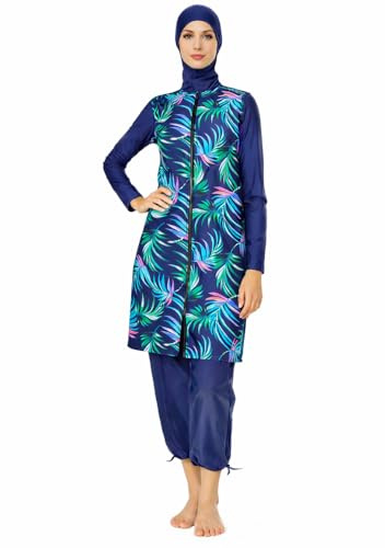 Burkini Fleuri,avec Soutien Gorge,4 piéce Burkini Femme Fleuri– Maillot de Bain Modeste avec Hijab – Anti-UV, (FR/ES, Alpha/Lettres, S, Taille Normale, Taille Normale, Bleu Marine)