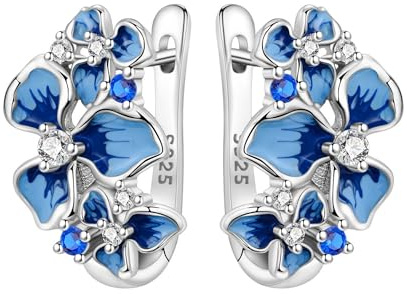 MISEFF Damen-Ohrringe aus 925er Sterlingsilber mit blauer Irisblüte und Zirkonia, Vintage-Ohrstecker mit Blumenmotiv für Damen und Mädchen, hypoallergenes, elegantes Schmuckgeschenk