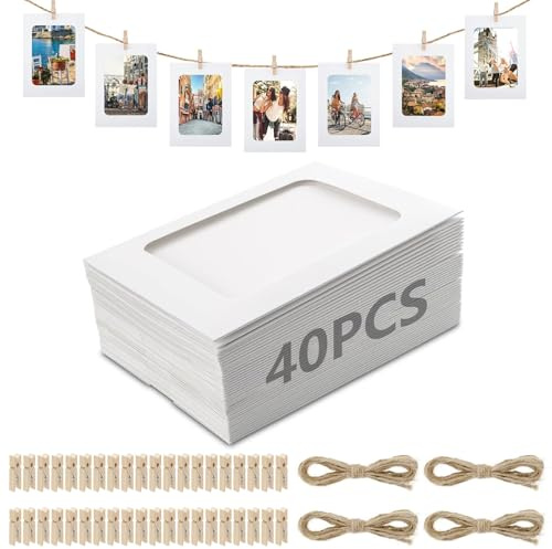 XHYASD 40 Pièces Cadres Photo en Papier, 10 x 15 cm Cadres Photo en Carton Blanc, Guirlande Photo avec 40 Pinces en Bois et 4 Cordon en Jute, Lignes à Photos avec Pinces pour Anniversaire Mariage Fête | Lot de 40 cadres en papier, 10 x 15 cm, blanc, 40 pinces à linge, 4 cordes de chanvre, pour cadre photo mural, anniversaire