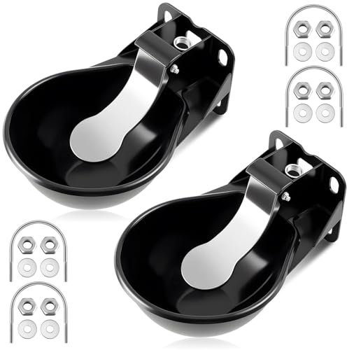 Mysora 2 Pcs 2.5 L/ 0.66 Gal Automatic Livestock Waterer, Heavy Cast Iron Push-Paddle Water Trough, Black Stainless Steel Livestock Water Bowl for Horse Cattle Goat Pig 11.8 x 9.06 x 3.94 Inch