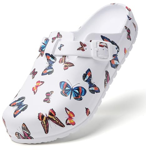 SECHRITE Womens Work Clogs Arch Support Slip-On Mules Slip Resistant Garden Nurse Chef Kitchen Shoes Cushioned Printed Sandals Slippers White Butterfly Print 37