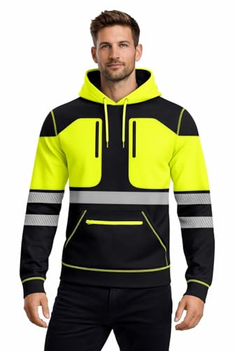 kraftd Mens Hi Vis Hoodie Pullover Sweatshirt Hoody with Pockets High Visibility Work Jacket Safety Workwear Hoodies