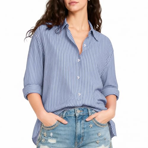 ALGALAROUND Women Striped V-Neck 3/4 Sleeve Blouses Blue & White L