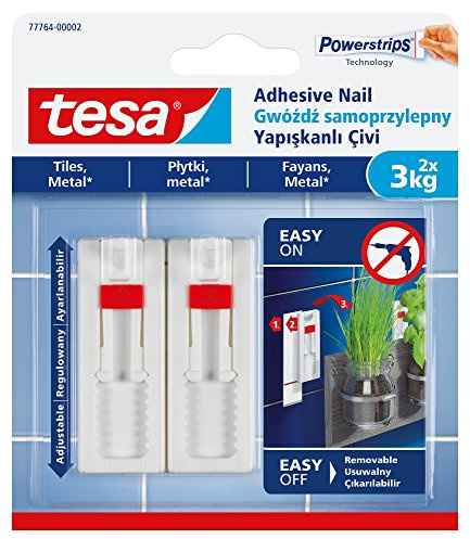 tesa 77764-00002-00 Entfernbarer, verstellbarer Klebenagel für Fliesen, Metall und glatte Oberflächen, Weiß