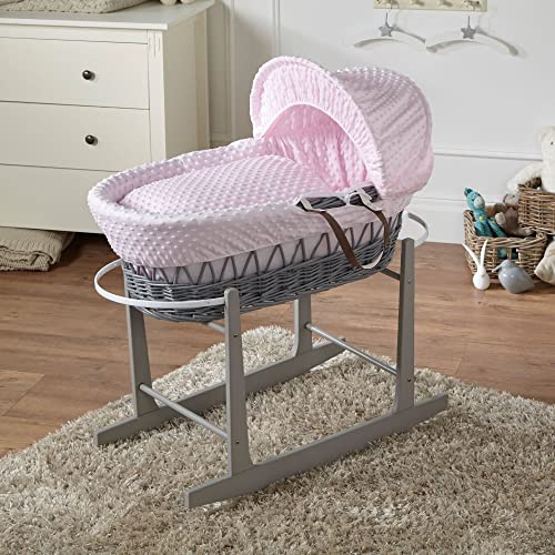 For Your Little One Pink Dimple Grey Wicker Moses Basket with Grey Rocking Stand